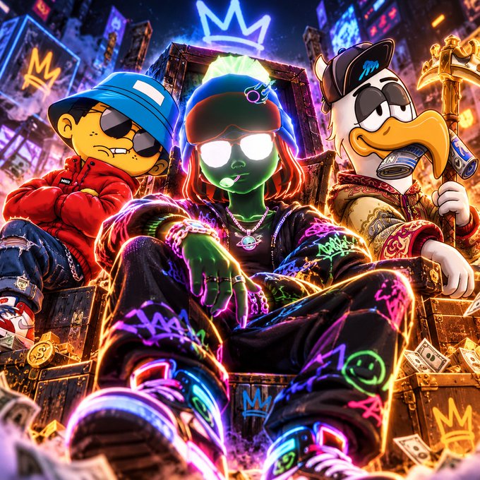 A vibrant, stylized digital illustration depicting three characters in streetwear sitting on stacked crates against a neon-lit city backdrop, with crowns visible in the graffiti behind them.