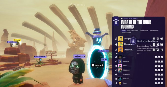 A gameplay screenshot of an online multiplayer game showing the same dinosaur environment, with a player leaderboard titled 'WRATH OF THE BONE WORMS' listing players like 'Gonkc-' and 'mr.' with completion times.