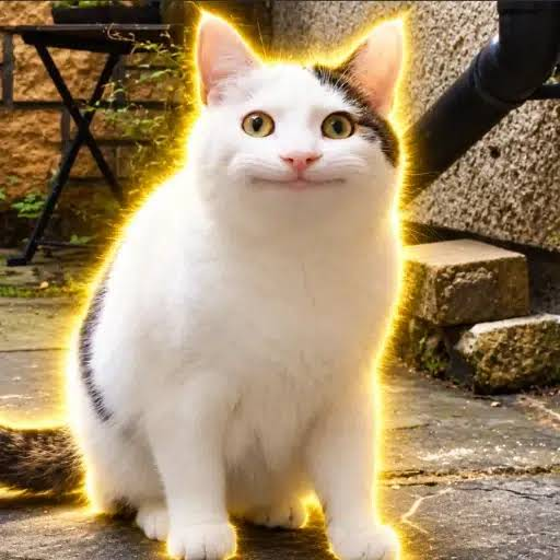 A white cat with black markings sits outdoors on a stone patio, surrounded by a glowing yellow aura effect.