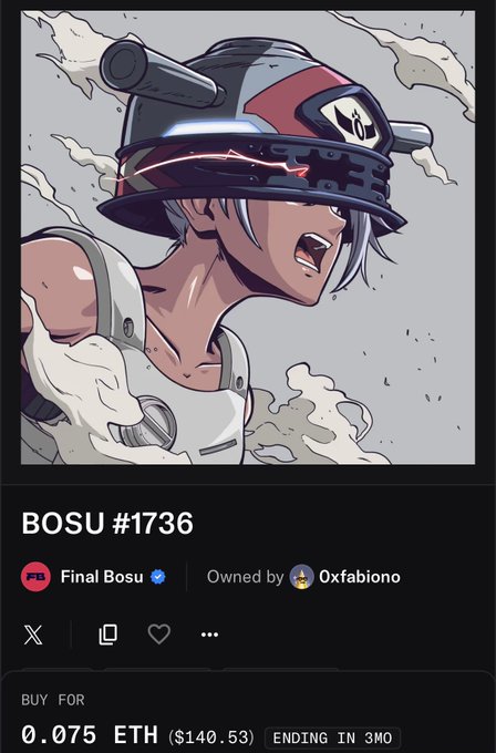 An NFT listing for "BOSU #1736" showing an anime-style warrior character with a cannon hat, priced at 0.075 ETH ($140.53) with 3 months remaining, owned by 0xfabiono.
