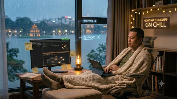 A person relaxes in a cozy room with a cityscape view, working on a laptop with sticky notes and a 'GN CHILL' neon sign, while digital overlays show handles '@termix_ai' and '@vangrid_io'.