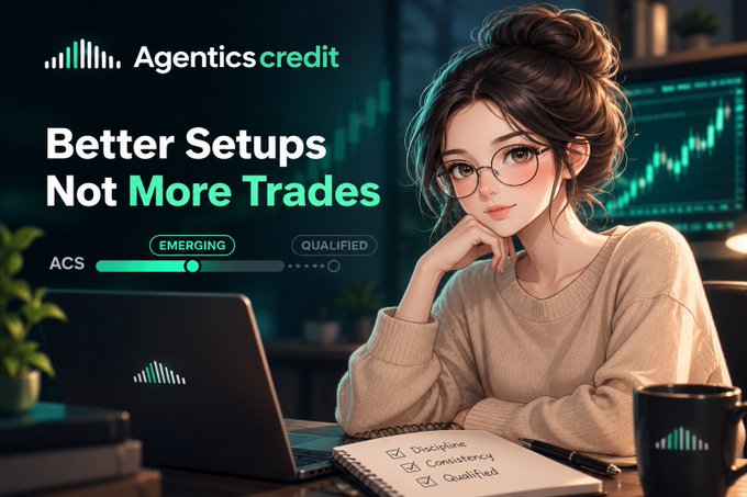An advertisement for 'Agentics credit' featuring the slogan 'Better Setups Not More Trades' alongside an anime-style woman with glasses at a laptop.