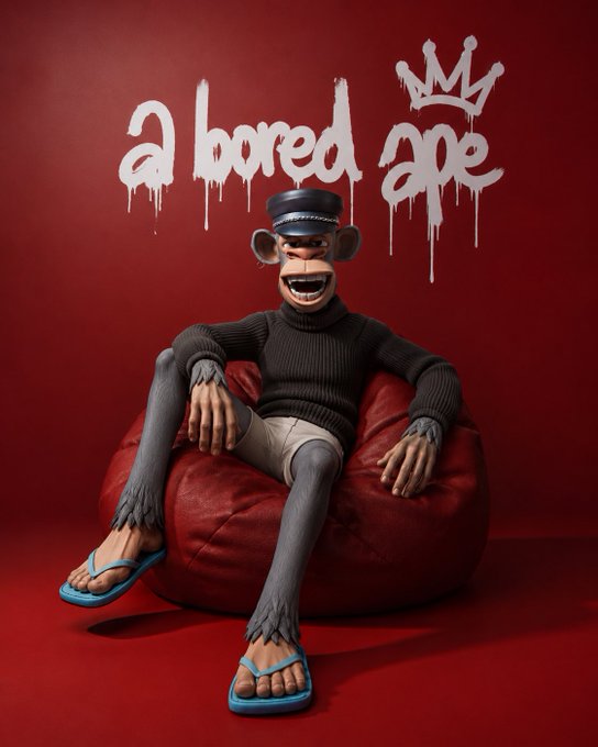 The image features a cartoon monkey sitting inside a red bean bag chair, wearing flip flops. The monkey appears to be smiling and seems to be enjoying its time in the bean bag chair. The background of the image has graffiti writing on it, which adds an artistic touch to the scene. The caption at the bottom of the image reads: "After witnessing firsthand the enthusiasm and excitement of the Chinese BAYC members, I am convinced that they will lead the next round of the NFT bull market!".