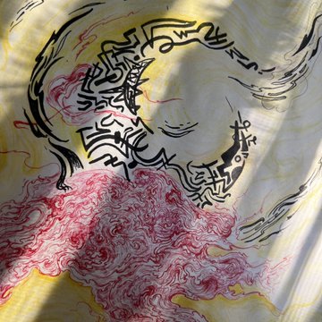 An abstract drawing featuring swirling black calligraphic lines and pink patterns, resembling a textured fabric or paper with light casting shadows.