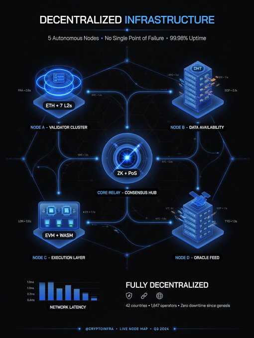 An infographic titled 'DECENTRALIZED INFRASTRUCTURE' illustrates a blockchain network with nodes labeled 'VALIDATOR CLUSTER,' 'DATA AVAILABILITY,' 'EXECUTION LAYER,' and 'ORACLE FEED,' along with 'NETWORK LATENCY' and 'FULLY DECENTRALIZED' metrics.