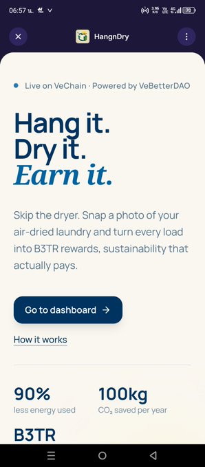 A mobile app screen for 'HangnDry' displays the tagline 'Hang it. Dry it. Earn it.' and promotes earning B3TR rewards for air-drying laundry on VeChain, noting 90% less energy used and 100kg of CO2 saved per year.