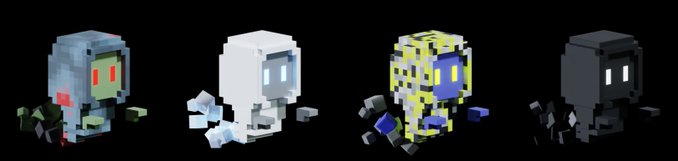 Four pixel-art robot characters in various colors—blue, white, yellow, and black—each appearing partially damaged with debris scattered around them.