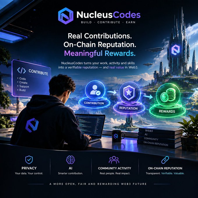 A promotional graphic for 'NucleusCodes' with the tagline 'Real Contributions. On-Chain Reputation. Meaningful Rewards.' showing a person at a laptop with a workflow diagram: Contribution → Reputation → Rewards.
