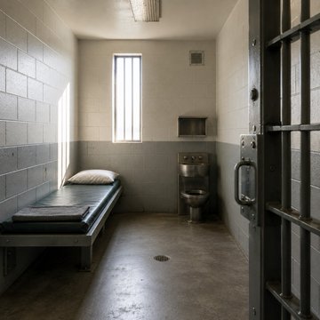 A stark prison cell with a metal bed, sink, and toilet sits behind an open barred door, illustrating the 32-month sentence handed to a former engineer convicted of launching a cyberattack and demanding 20 BTC ransom from his New Jersey employer.