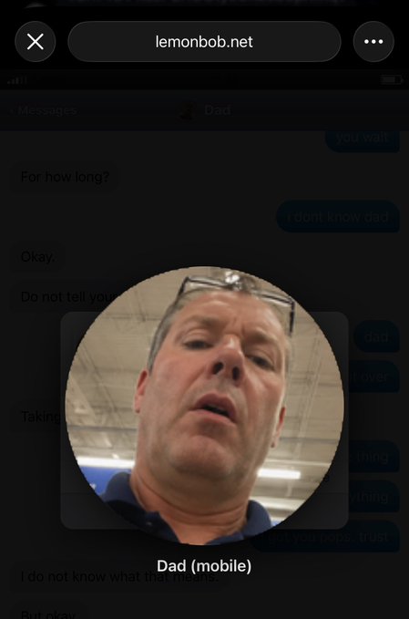 A screenshot of a mobile browser at lemonbob.net shows a messaging app interface in the background and a circular profile photo of a man labeled 'Dad (mobile)' in the foreground.