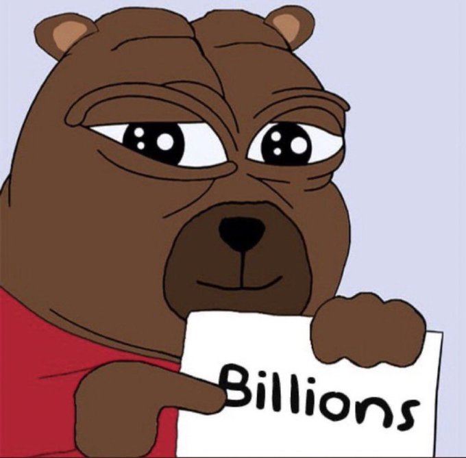 A cartoon brown bear with a skeptical expression points to a white sign reading 'Billions' in black text, set against a gray background.