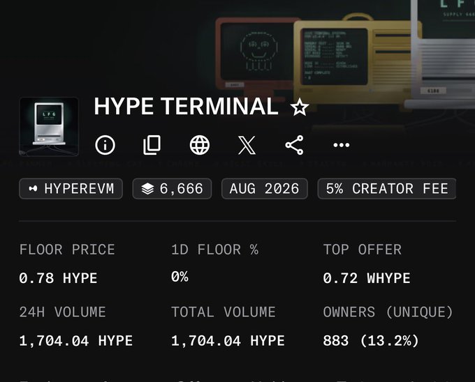 A dark-themed webpage screenshot for "HYPE TERMINAL" on the HyperEVM chain, showing a supply of 6,666, a floor price of 0.78 HYPE, and 883 unique owners.