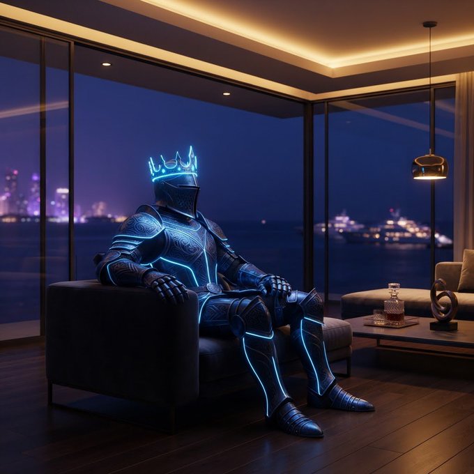 A futuristic knight in glowing blue armor sits on a chair in a modern, dimly lit room with floor-to-ceiling windows overlooking a nighttime cityscape and waterfront.