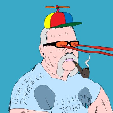 Cartoon illustration of a muscular man wearing a propeller beanie and orange sunglasses with laser beams shooting from the lenses, with "LEGALIZE JENKEM" written on his body.