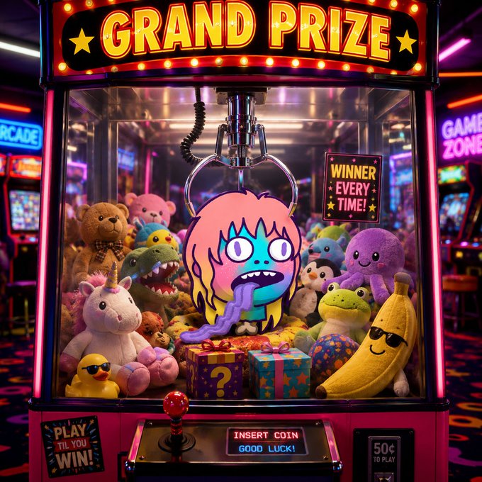 A vibrant arcade claw machine labeled 'GRAND PRIZE' filled with plush toys and mystery boxes, featuring a cartoon flame-headed character with a purple tongue and signs reading 'WINNER EVERY TIME!' and 'INSERT COIN GOOD LUCK!'.