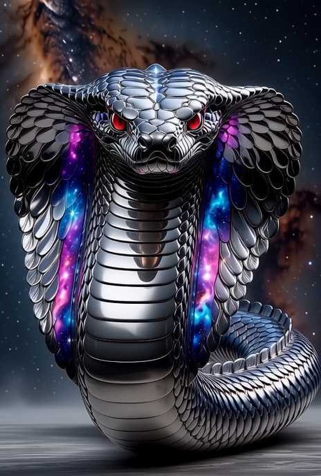 A detailed illustration of a metallic silver cobra with glowing red eyes and its hood displaying a colorful purple and blue galaxy or nebula pattern, set against a starry background.