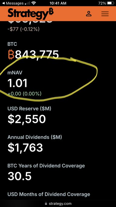 A screenshot of the StrategyB app showing BTC at 843,775 and mNAV at 1.01, with the mNAV value circled in yellow marker.