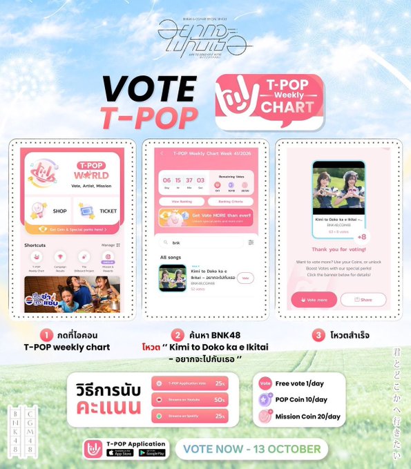 A promotional graphic for 'VOTE T-POP' featuring the T-POP Weekly Chart app, with instructions in Thai encouraging users to vote for BNK48's song 'Kimi to Doko ka e Ikitai' on October 13.