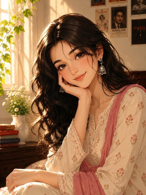 An anime-style illustration of a young woman with long dark hair wearing a floral white and pink outfit, sitting by a window with warm sunlight streaming in.