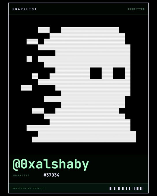 Black and white pixel art character portrait labeled 'SNARKLIST' with the handle '@0xaLshaby' and 'SNARKLIST #37034' at the bottom.