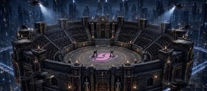 The image shows a large arena with two people fighting each other, possibly in a boxing match or some form of combat. The arena has an interesting design featuring a circular shape and a pink center. There are also several airplanes flying around the arena, adding to the futuristic atmosphere. The caption on the post suggests that this scene is part of a movie called "ARE YOU NOT AI-TERTAINED? @ApeChainHUB Tomorrow! Read more below:".