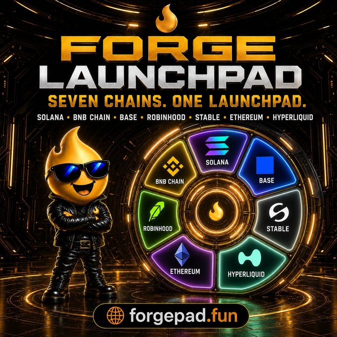 A promotional graphic for 'FORGE LAUNCHPAD' featuring a golden flame mascot in sunglasses, advertising seven chains: Solana, BNB Chain, Base, Robinhood, Stable, Ethereum, and Hyperliquid, with the URL forgepad.fun.