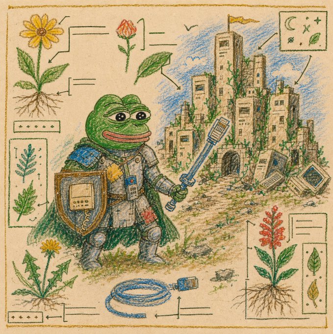A frog, wearing a helmet and shield, stands on a grassy area with a castle-like structure in the background, accompanied by a blue cable and red flowers.