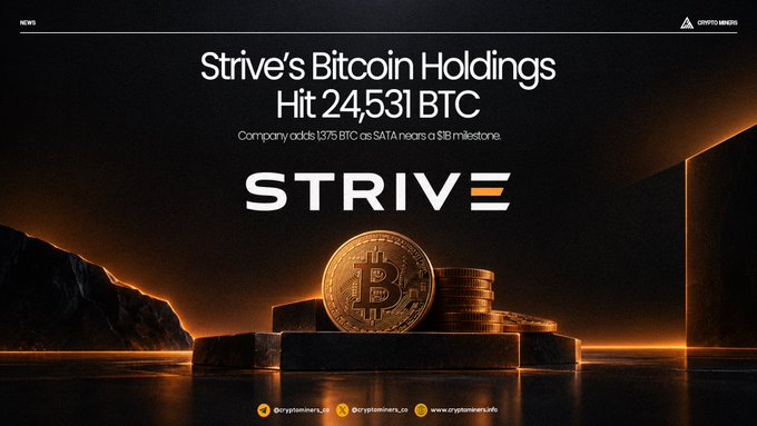 News graphic from Crypto News announcing 'Strive's Bitcoin Holdings Hit 24,531 BTC', featuring the Strive logo and a 3D rendered Bitcoin coin against an orange-lit background.
