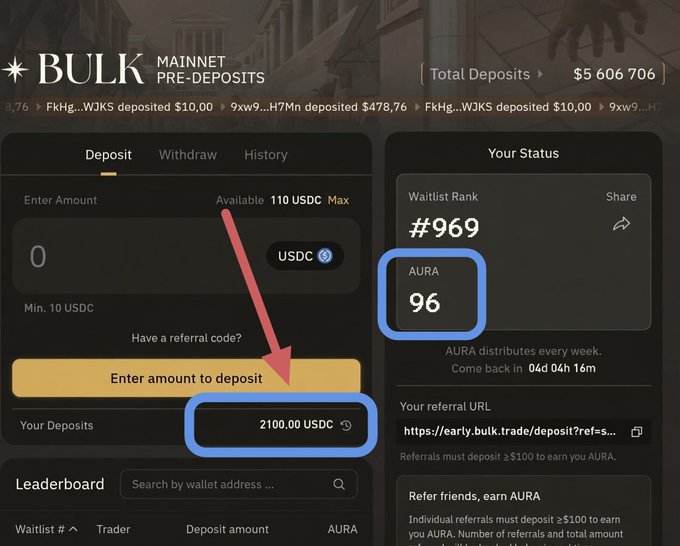 The image shows a screenshot of a website called bulk trade, which displays information about depositing money into an account. The main focus of the image is a blue box with a red arrow pointing at the amount of money being deposited, which is $2,000. The text on the screen indicates that this deposit is for a pre-launch point, specifically for the cryptocurrency called "AURA". The website also provides information about how to enter an account and the benefits of depositing in bulk.