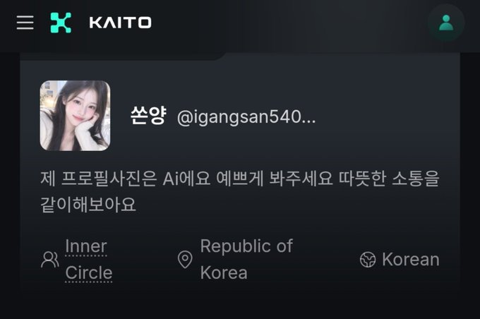 A dark-themed KAITO profile page for Korean user 손양 (@igangsan540...) describing herself as an AI professional photographer offering warm communication.