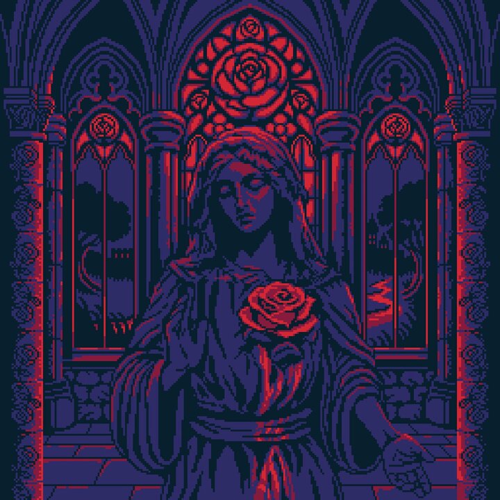 The image features a digital art piece of a woman holding a rose, with her hands placed over her head as if she's about to give thanks or pray. The background includes arched windows that add an architectural element to the scene. The caption "insanely impressive BasePaint artists" suggests that this artwork was created by skilled artists who have put in significant effort and creativity into their work, resulting in a visually stunning piece of art.