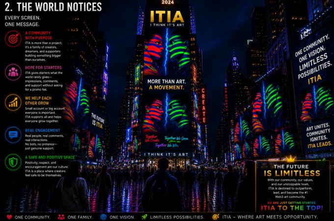 The image displays the "2. THE WORLD NOTICES" section of an ITIA (2024) campaign visual, featuring a nighttime cityscape with illuminated billboards showcasing vibrant, spiraling artwork and bold text such as "MORE THAN ART. A MOVEMENT," "I THINK IT'S ART," and "THE FUTURE IS LIMITLESS," alongside six labeled attributes ("A COMMUNITY WITH PURPOSE," "HOPE FOR STARTERS," "WE HELP EACH OTHER GROW," "REAL ENGAGEMENT," "A SAFE AND POSITIVE SPACE," and "MORE THAN ART") that highlight ITIA's community-driven ethos—aligning with the post's tribute to ITIA's focus on empowering creators and building genuine collaboration.