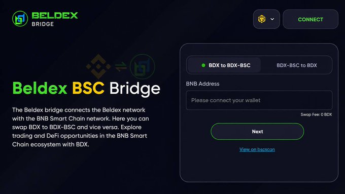 A screenshot of the 'Beldex BSC Bridge' website, a platform for swapping BDX to BDX-BSC and vice versa, showing fields for a BNB address and a 'Next' button.