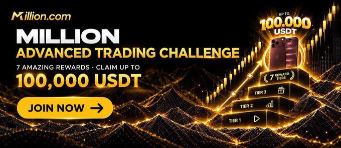 A promotional banner for Killion.com's "MILLION Advanced Trading Challenge" advertises up to 100,000 USDT in rewards across 7 tiers (Reward Tiers, Tier 1-3) for Futures trading volume, with a prominent yellow "Join Now" call-to-action button. The gold and black design features candlestick chart graphics, reinforcing the trading competition theme described in the post.