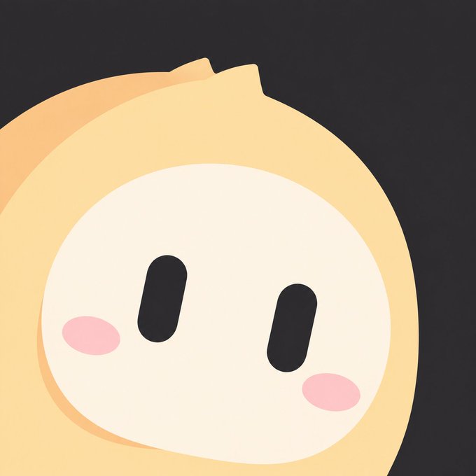 A close-up cartoon illustration of a cute, round peach-colored character with simple black oval eyes and pink blush on its cheeks against a dark gray background.