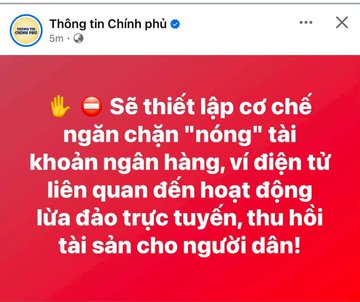 A screenshot of a Vietnamese social media post from 'Thông tin Chính phủ' announcing a new mechanism to freeze bank and e-wallet accounts related to online fraud and recover assets for citizens.