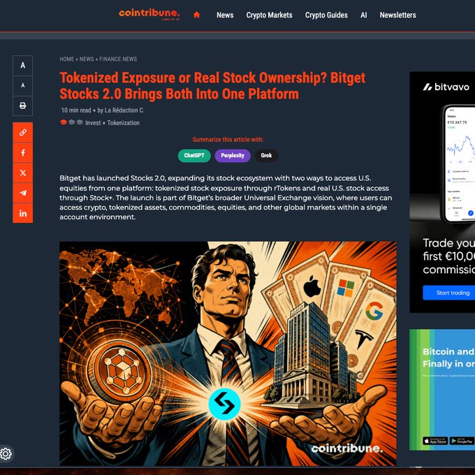 A Cointribune article headlined "Tokenized Exposure or Real Stock Ownership? Bitget Stocks 2.0 Brings Both Into One Platform" featuring an illustration of a suited man holding a glowing rToken symbol alongside recognizable U.S. stock assets like Apple, Microsoft, Google, and Tesla, visually reinforcing the article's focus on merging tokenized crypto assets with real-world stock access through Bitget's Universal Exchange vision.