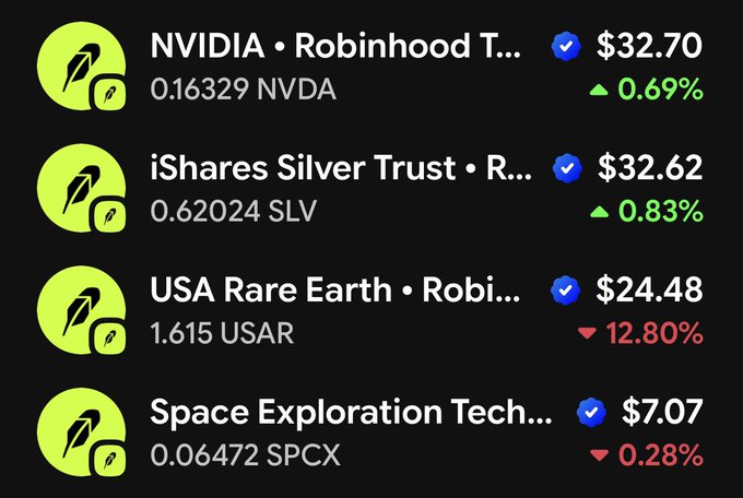 A stock portfolio screenshot showing Robinhood holdings: NVIDIA ($32.70, +0.69%), iShares Silver Trust/SLV ($32.62, +0.83%), USA Rare Earth/USAR ($24.48, -12.80%), and Space Exploration Tech/SPCX ($7.07, -0.28%).