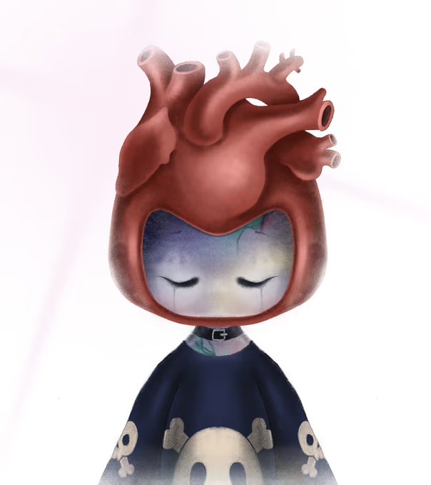 A 3D-rendered figurine of a doll with closed eyes and colorful facial patterns, wearing a hood shaped like an anatomical red heart with vessels extending upward, and a dark blue outfit with skull motifs.