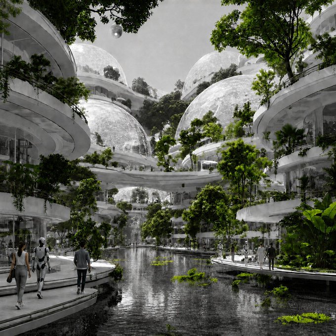 A futuristic utopian cityscape features sleek curved white buildings topped with transparent domes, interwoven with lush greenery and a central waterway where humans and humanoid robots stroll together under a hazy sky—imagining an idyllic world of harmony between nature, advanced architecture, and AI, mirroring the overly optimistic outlook of a bullish market sentiment.