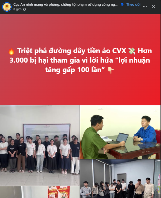 A Vietnamese public security post from 'Cục An ninh mạng và phòng, chống tội phạm sử dụng công nghệ...' about dismantling virtual currency CVX fraud with over 3,000 victims promised '100x profits,' showing photos of suspects being detained and questioned.