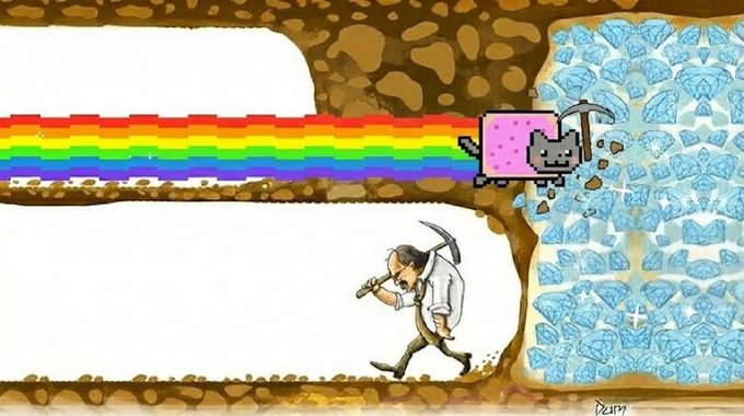 A Nyan Cat-style illustration shows a pink pixelated cat with a hammer mining diamonds from a rock wall, creating a rainbow trail, while a cartoon miner walks below holding a pickaxe.