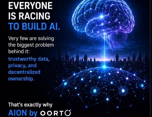 A promotional advertisement reading 'EVERYONE IS RACING TO BUILD AI' with text highlighting 'trustworthy data, privacy, and decentralized ownership,' promoting 'AION by OORTO' with a glowing brain and network graphic.