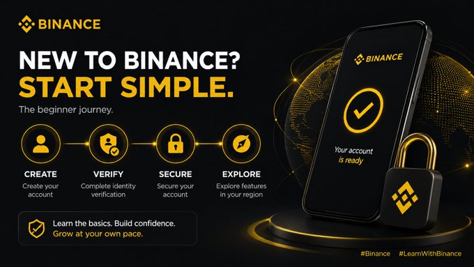 A Binance promotional banner reading "NEW TO BINANCE? START SIMPLE. The beginner journey," outlining a four-step process—Create, Verify, Secure, and Explore—each represented by a gold icon, alongside a smartphone displaying "Your account is ready" and a padlock symbol. The image visually reinforces the accompanying post's guide by illustrating the simple, sequential onboarding steps for new users to set up and secure their Binance account.