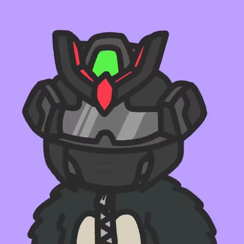 A cartoon drawing of a person wearing a futuristic, armored helmet with glowing green and red accents, on a purple background.