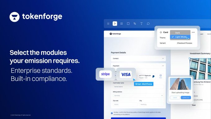 A promotional banner for TokenForge, a financial technology platform, featuring the text 'Select the modules your emission requires. Enterprise standards. Built-in compliance' alongside UI mockups showing Stripe, Visa, and Signify integrations.