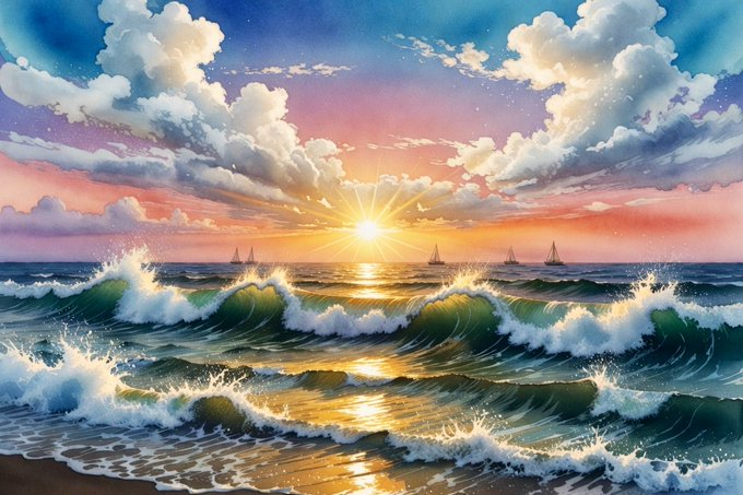 A vibrant painting captures a sunrise or sunset over a turbulent ocean, with golden light reflecting off cresting waves beneath dramatic clouds in shades of pink, orange, and blue.