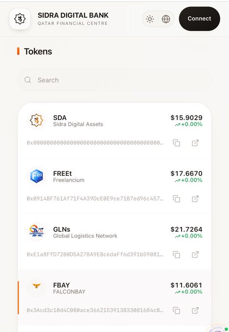 A mobile screenshot of the SIDRA DIGITAL BANK interface showing token listings including SDA ($15.9029), FREENIUM (FREET) at $17.6670, GLNs at $21.7264, and FBAY (FALCONBAY) at $11.6061.