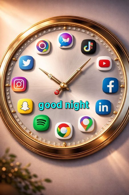 An ornate gold clock with social media app icons (TikTok, YouTube, Facebook, LinkedIn, Instagram, Twitter, Snapchat, Spotify, Chrome) as hour markers, with the text 'good night' displayed in the center.