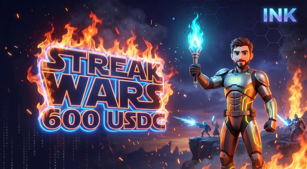 The image features a poster for an Ink Streak Wars game, with a man dressed as a knight holding a sword standing in front of a fire-filled background that says "Ink" and "War" in large letters. The poster also includes text indicating that the new round is live, starting soon, offering $600 USDC for those who participate. The post mentions the top 100 players participating, and there's a description of the game's action on the Inkscape website. It appears to be an advertisement or promotional material related to the game, providing information about its gameplay and prizes for joining.
